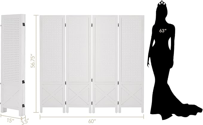 Wnutrees 4 Panel Pegboard Display, 5 Ft Wood Folding Privacy Screens Room Divider, Portable Freestanding Display Board for Craft/Art Shows, Retail, Events, Wall Organizer, Rustic Barnwood, White