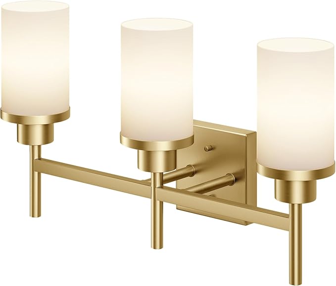 AONEON Bathrom Light Fixtures Modern Gold 3 Vanity Lights Over Mirror, Wall Lamps with White Frosted Glass Shade for Toilet Washroom Bath T001GD-L3