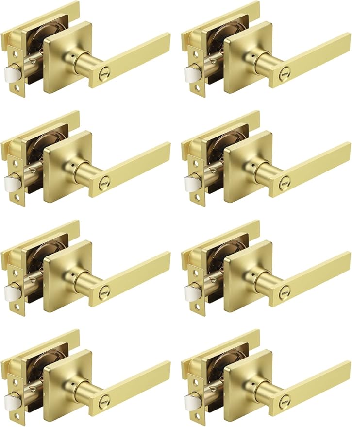 Mengico 8 Pack Gold Privacy Lever Door Handle Interior with Lock, Heavy Duty Square Door Lock for Bed/Bath, Keyless Door Locksets, Reversible for Left Right Handed Doors