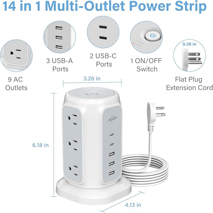 AiJoy Flat Plug Power Strip Tower 9 Outlets and 5 USB Ports (2 USB-C), 1200J Surge Protection, 6.5ft 1625W Extension Cord Charging Station for Home Office Supplies, Dorm Room Essentials