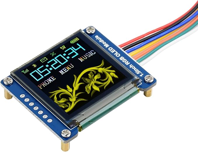 waveshare 1.5inch RGB OLED Display Module 128x128 Pixels 16-bit High Color (65K Colors) with Embedded Controller Communicating via SPI Interface.