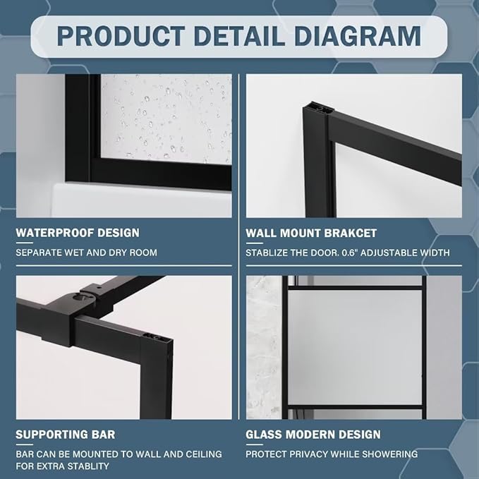 Goodyo Shower Door 34“ X 72” Fixed Frost Tempered Glass Shower Screen Panel for Walk-in Bathroom, Black Framed 3 Pieces Glass Door
