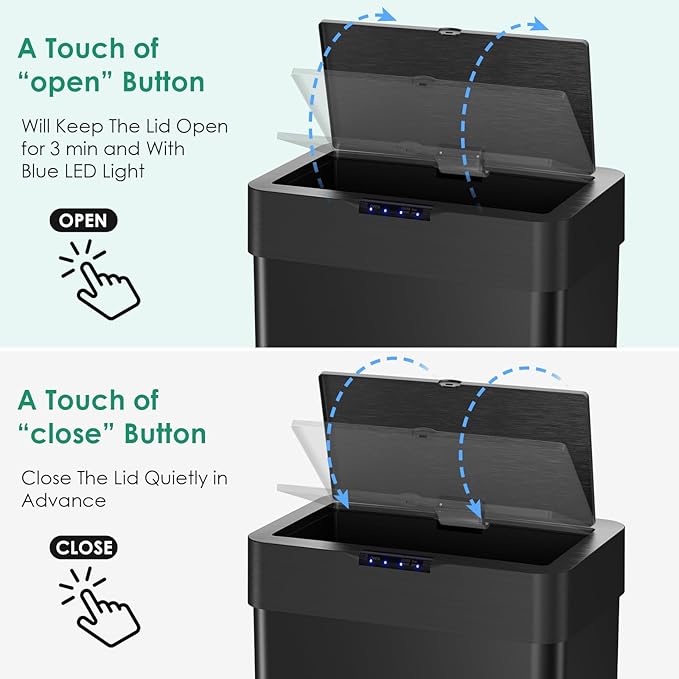 Arlopu Automatic Trash Can,Sensor Motion Stainless Steel Garbage Bin, Touchless Smart Waste Bin, W/Stay-Open, Soft Close Lid, Display Light for Kithchen, Living Room, Office (Black, 18.5gal)