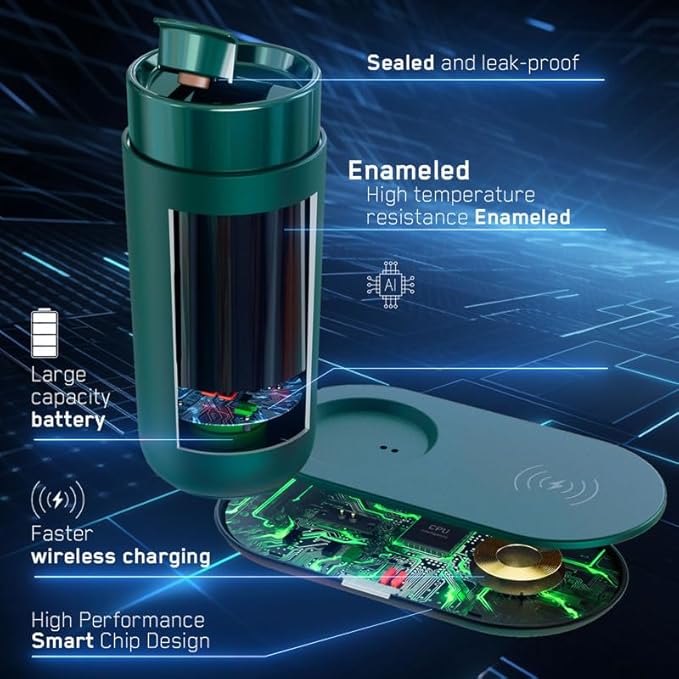 Temperature Control Heated Coffee Mug Smart Self Heating Travel Mug 12 Oz App Controlled Warmer Mug 4-10 Hour LED Display Keep Coffee Hot Fast Wireless Charger Base Jade Green