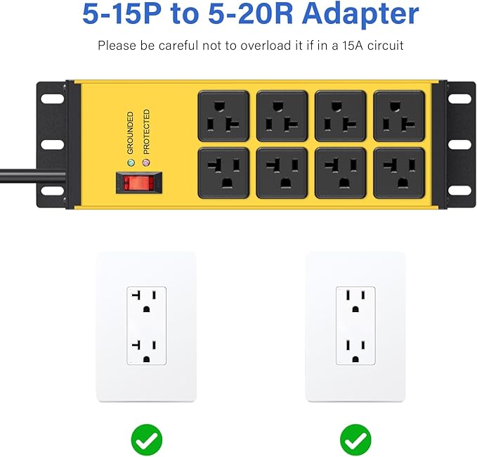 CCCEI 2PCS Heavy Duty Power Strip Surge Protector 20 AMP, 8 Outlets 12 Gauge Shop Garage Metal Multiple Outlets, 15 FT Extension Cord 5-15P Adapter High Amp 6-20R T-Slot 20a for Appliance Yellow.