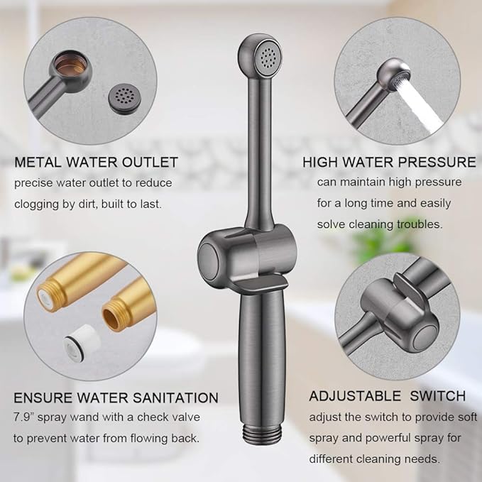 Handheld Bidet Toilet Sprayer, Black Bidet Spray for Toilet, Cloth Diaper Sprayer with Backflow Preventer, Adjustable Water Pressure Brass Hand Held Spray Attachment