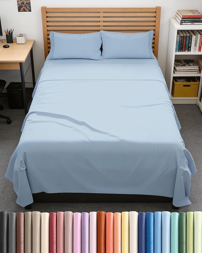 Full XL Bed Sheet Set - 4 Piece Extra Long Extended Full XL Sheets - Soft, Breathable & Cooling - Fits 8" to 16" Mattress w/ Deep Pockets - 54" x 80" - Easy-Fit, Wrinkle & Fade Resistant - Light Blue