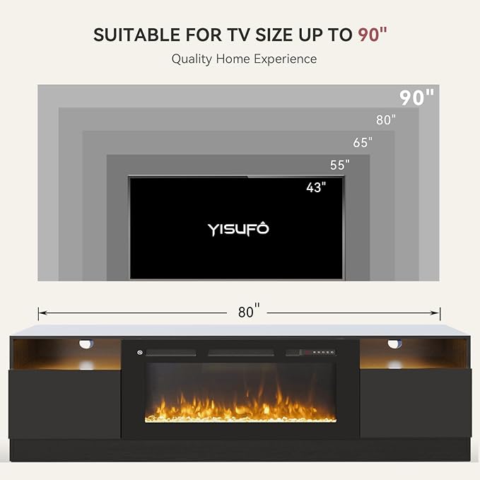 YISUFO 80” TV Stand with 36” Electric Fireplace, Large Modern Media Entertainment Center with Storage Cabinet and 12 Colors LED Lights for TVs Up to 90",All Black