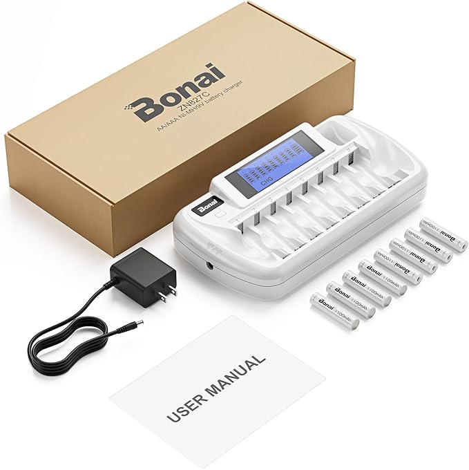 BONAI Rechargeable AAA Batteries with Charger, 8+1 Bay Battery Charger AA AAA with LCD Display for 1.2V NiMH AA AAA 9V, 1100mAh High Capacity Low Self Discharge- 8 Pack