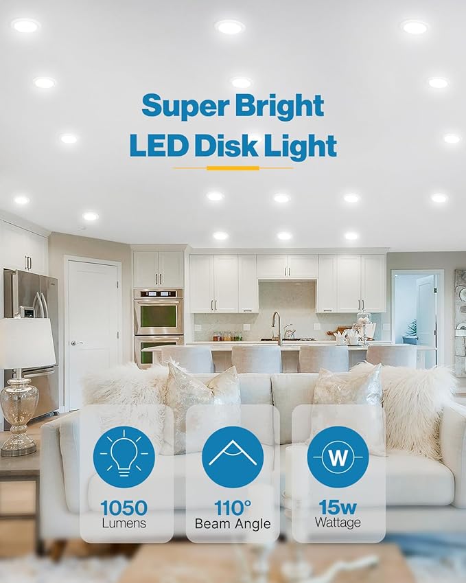 Sunco 48 Pack LED Disc Lights Ceiling 6 Inch, Flush Mount Disk Light, Recessed Can Lighting, 1050 LM, 15W (75W Equivalent), 5000K Daylight, Dimmable, Damp Rated ETL.