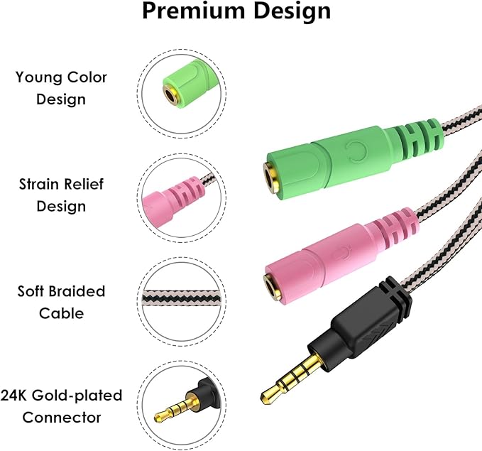 MillSO Headphone Mic Splitter, 3.5mm Headset Adapter (Microphone + Audio) 2 TRS Female to TRRS Male CTIA Stereo Jack Y Cable Compatible for Dual-Plug Gaming Headset to Xbox, PS4, Phone, Laptop, PC