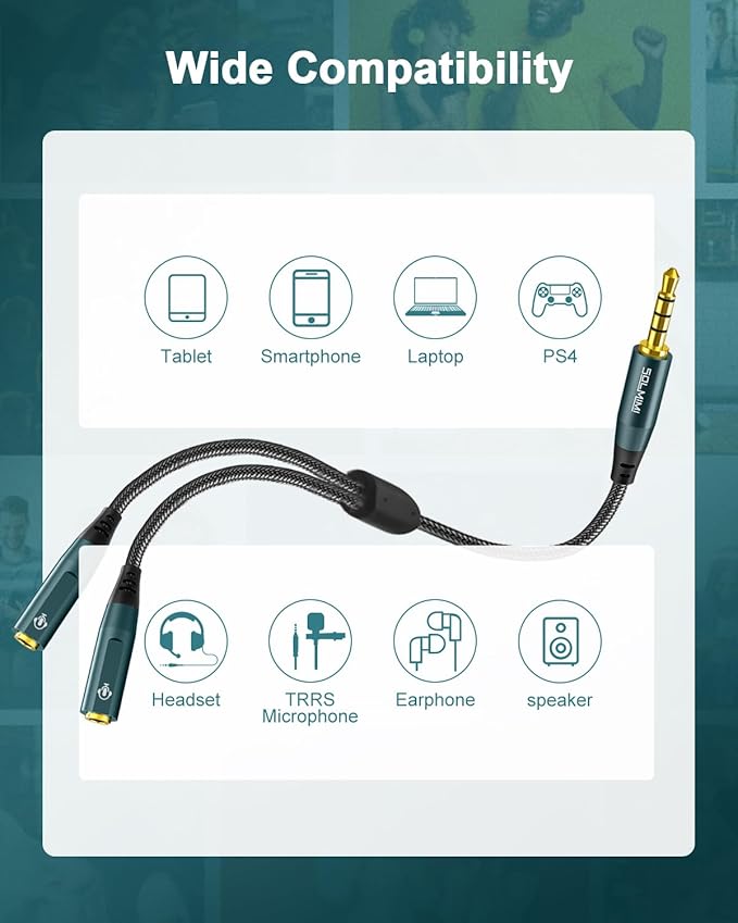 SOLMIMI Headphone Splitter (4 Feet) 3.5mm TRRS Male to Two TRRS Female Adapter Compatible with 2 Audio and Microphone Headsets to PC, Laptop, Android, Windows, Smartphones