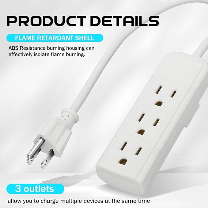 Copkim 20 Pack 3 Outlet Power Strip Extension Cord with Flat Plug Mini Cord 3 Ground Heavy Duty Mountable Outlets Strip for Computer Phone Home Office (1 ft,White)