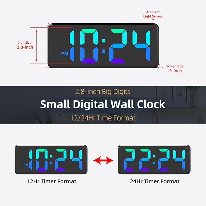 LED Digital Wall Clock with Dynamic RGB Display, Big Digits, Auto-Brightness, 12/24Hr Format, Modern Electric Small Silent Wall Clock for Living Room, Bedroom, Classroom, Farmhouse, Kitchen, Office
