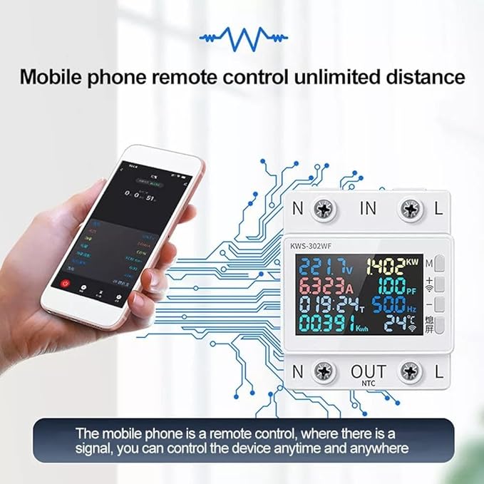 LCD Digital Energy Meter, Single Phase Energy Meter, Din Rail Electricity Usage Monitor, Power Usage Monitor AC170V~270V Power Voltage Meter(KWS-302)