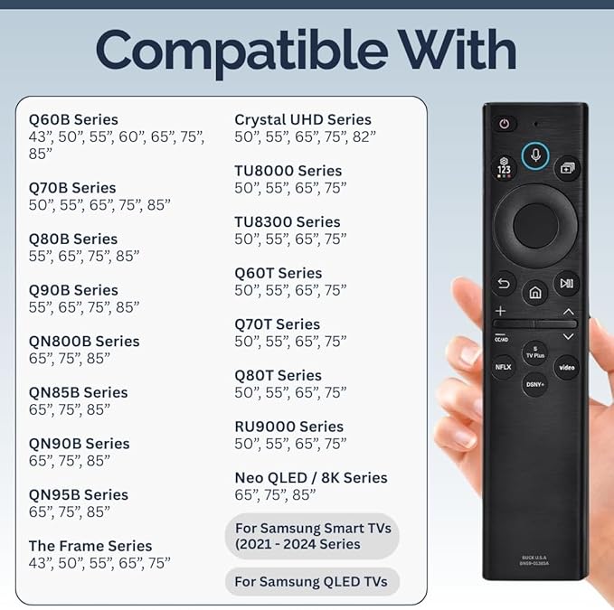 BN59-01385A Samsung TV Remote Control Replacement for Smart TV - Easy Setup, Universal Voice Remote, No Solarcell - Works with Samsung QLED, Frame, Crystal UHD, 4K, & LED Smart TVs
