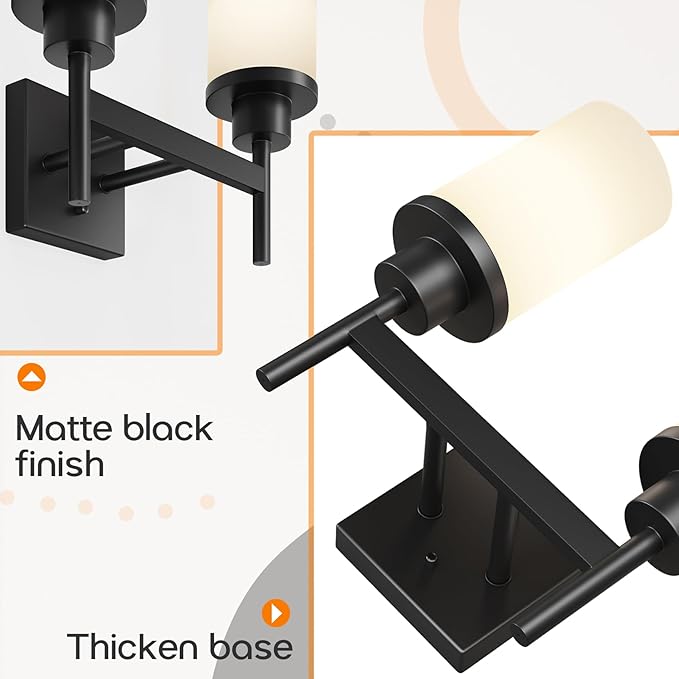 AONEON Wall Light Fixtures Matte Black Bathroom Vanity Lights Over Mirror with White Frosted Glass, Double Wall Lamps for Hallway Washroom Porch T001MB-L2