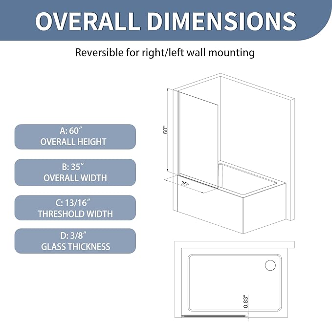 35" W x 60" H Bathtub Fixed Glass Panel, 3/8" (10mm) Tempered Glass with Dual Nano Coating, Frameless Shower Door, Bath Tub Shower Screen, Matte Black