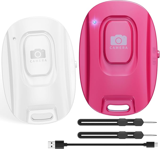 VYVIYON Bluetooth Camera Remote Shutter for iPhone and Android Smartphones, Rechargeable Wireless Phone Remote Control,Selfie Button for Photos and Videos, Charging Cable Included (2 Pack) Pink&White