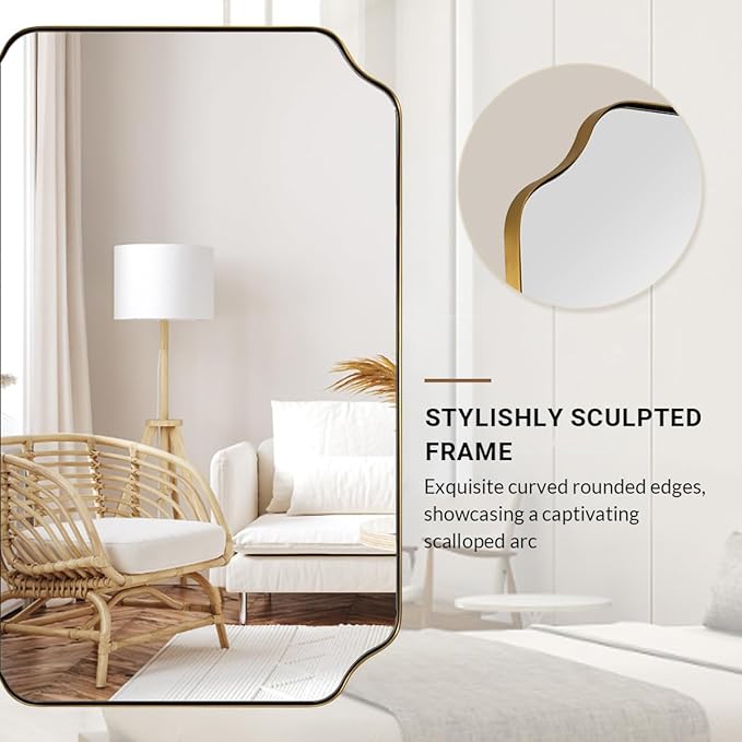 ANDY STAR 36"x48" Large Gold Mirror, Brushed Brass Rectangle Bathroom Mirror, Scalloped Vanity Mirror in Anti-Rust Stainless Steel 1’’ Frame, Unique Notched Corner Mirror, Ideal for Home Remodel