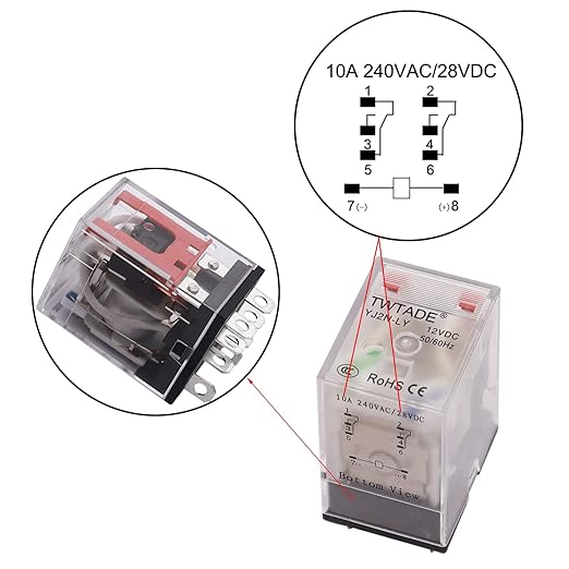 TWTADE/DC 24V Relay 10A Electromagnetic Power Coil Relay 8 Pins DPDT 2NO+2NC with Indicator Light and Socket Base -YJ2N-LY
