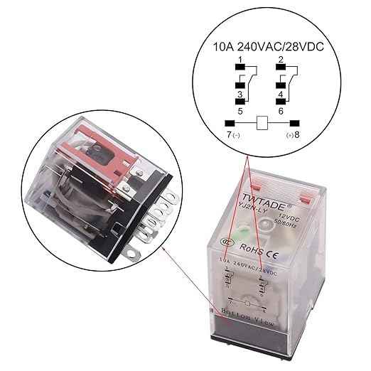 TWTADE/2PCS DC 12V Relay 10A Electromagnetic Power Coil Relay 8 Pins DPDT 2NO 2NC with Indicator Light, Socket Base & DIN Rail -YJ2N-LY