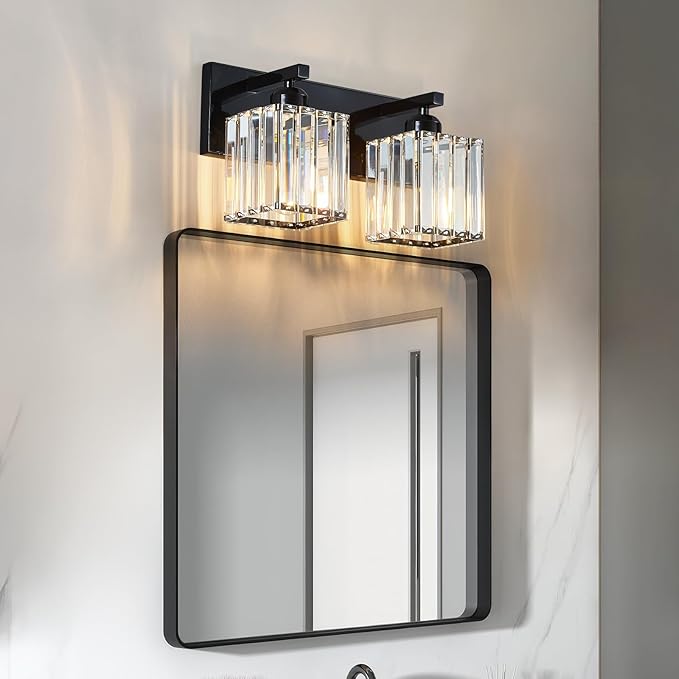 FDPBY Modern Bathroom Vanity Light 2-Lights Plating Black Crystal Bathroom Wall Light Vanity Light Fixtures