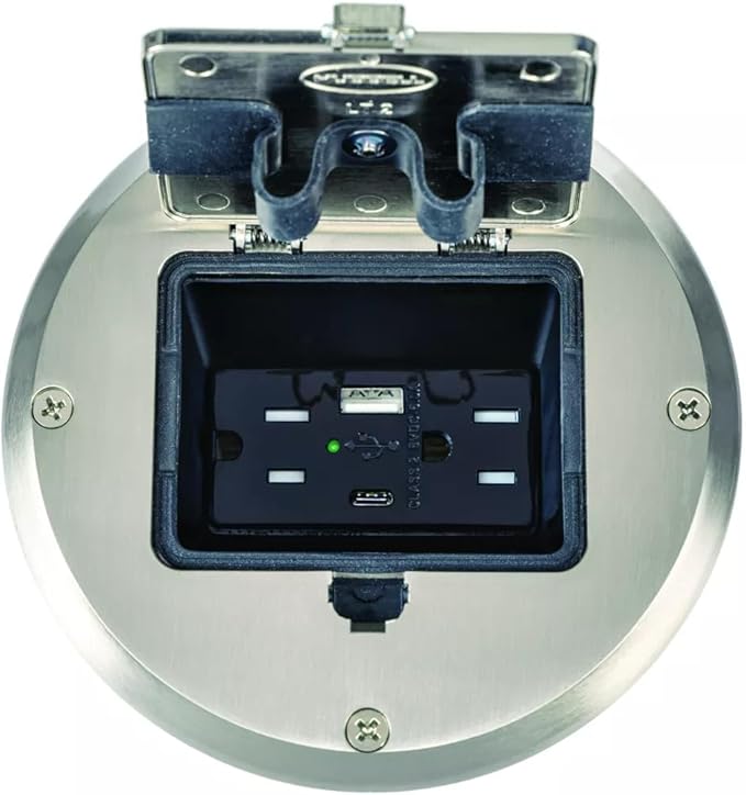 RACO Floor Box Kit 6239ACNI Nickel 15A/125V Duplex Receptacle Outlet with USB Ports, Single Gang Electrical Box for Wood Sub-Floor with 3.1A/5V Type A and C USB Outlet Receptacles for Home Improvement
