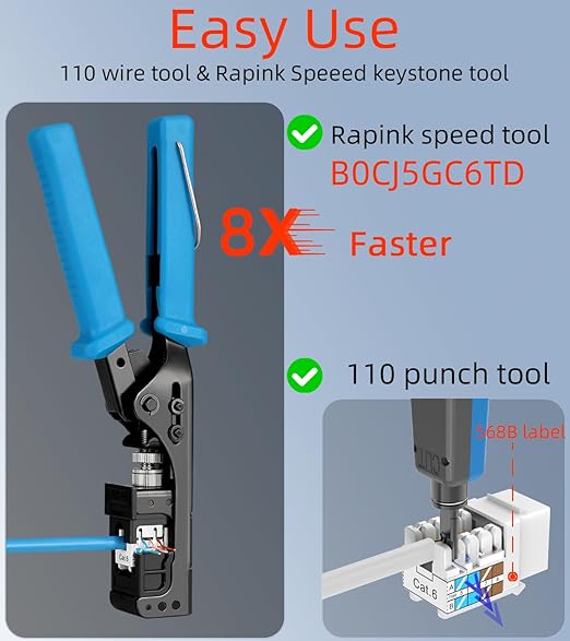 Rapink RJ45 Keystone Jack Cat6 10G Support, Cat6 Keystone Jacks UTP 10 Pack for Wall Plate and Patch Panel, Rj45 Keystone 90 Degree Blue Color for Cat 6, Cat5e, Cat5 Cabling