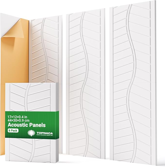 Topnaca 6 Pack Acoustic Panels Sound Absorbing for Recording Studio Walls, White Self-Adhesive Leaf Textured Decorative Art Ceiling Tiles - Acoustical Treatments for Home Office Room Door 17"×12"×0.4"