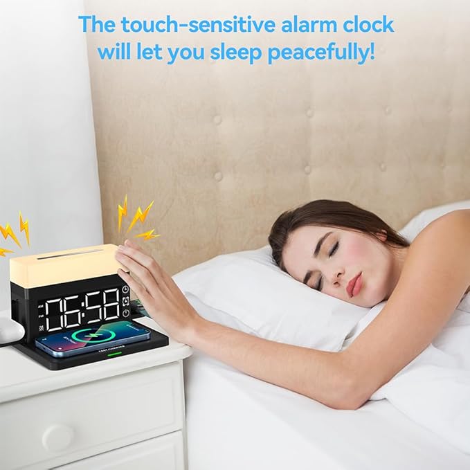 IHAO 6in1 Smart Alarm Clock with Wireless Charger RGB Mood Light 15W Fast Wireless Charging for All Qi Phone TWS Headphone Compliant with i-Watch 7 Color Night Light Large Digital Display-Black