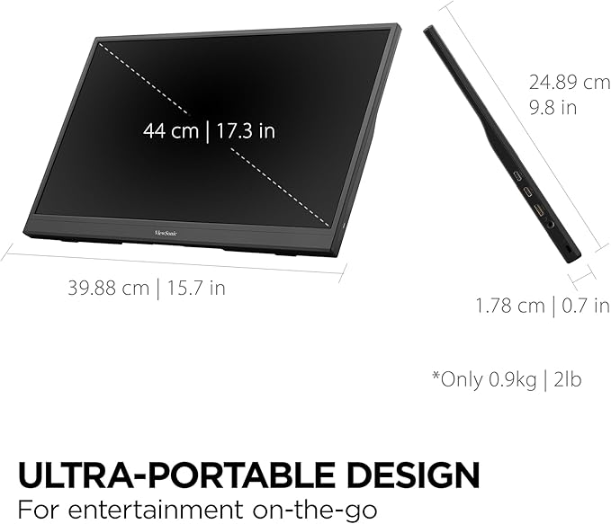 ViewSonic VX1754 17 Inch 1080p IPS Portable Gaming Monitor with 144Hz, AMD FreeSync, 2 Way Powered 60W USB C, Mini HDMI, and Built-in Stand with Protective Cover