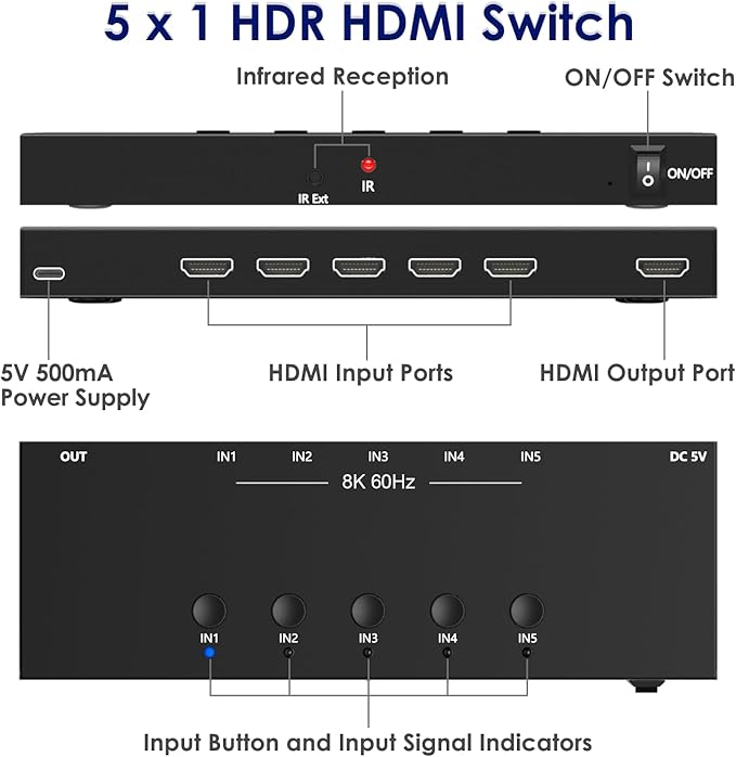 8K@60Hz HDMI 2.1 Switch 5 in 1 Out, 48Gbps Ultra HD 4K 120Hz, HDR10/Dolby Vision, 3D, Supports DTS-HD, Dolby TrueHD Compatible with PS5/4 Xbox Nintendo Switch Roku Apple TV Fire Stick Gaming PC