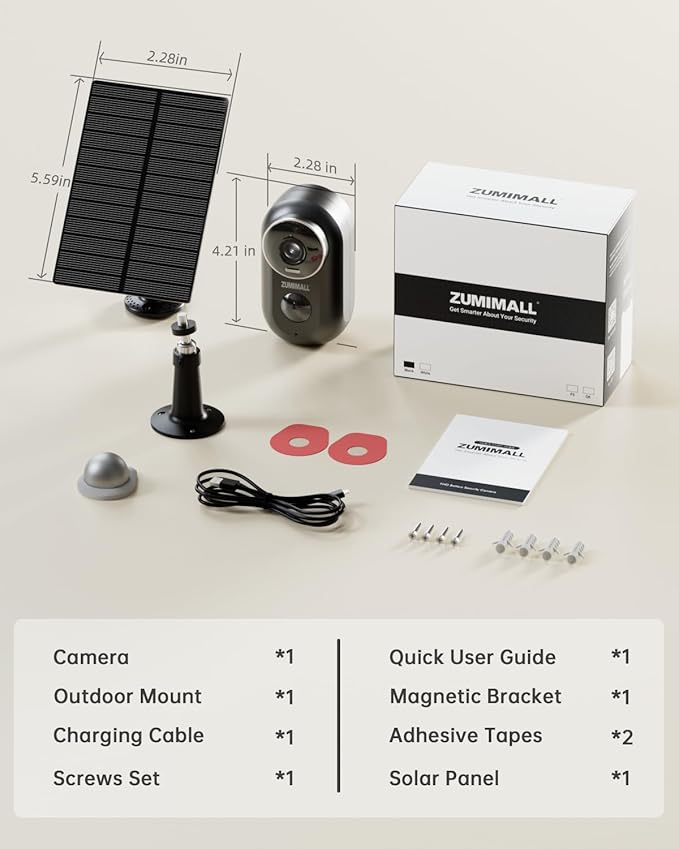 ZUMIMALL Solar Security Cameras Wireless Outdoor, 2K Outdoor Camera Wireless Solar Powered, 2.4G WiFi Battery Camera, 3MP Color Night Vision, Magnetic Mount,Siren,PIR/AI Analyse, IP66, Cloud, Alexa