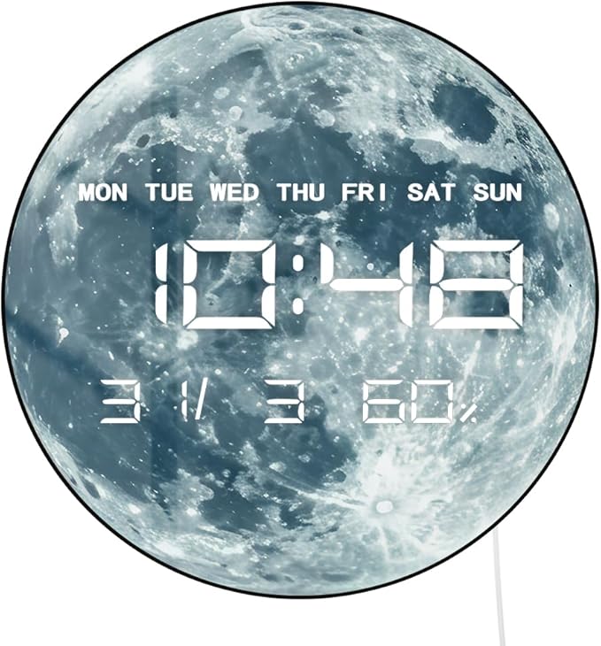 Timethink 12'' Full Moon Digital Wall Clock with LED Display, Lunar Moonlight LED Electric Wall Clock Calendar & Temperature, Automatic Dimming, 12/24hr Format, Wall & Desk Use for Bedroom Living Room