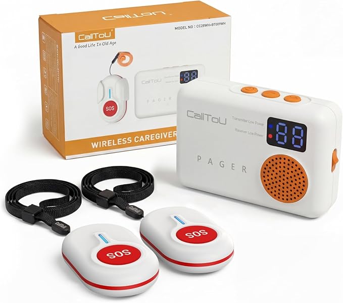 CallToU Caregiver Pager Wireless Call Button 500FT for Elderly Monitoring Vibration Call Bell Medical Alert System with Digital Display Low Power Reminder 2 Portable Receiver 2 SOS Call Button