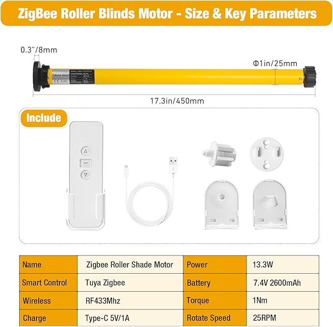 AM25 Zigbee Smart Blinds Motor for 1.5" Shade Tube, Type-C Rechargeable Window Shade Motor, 10 lbs Load Capacity, DIY Motorized Zebra/Roman/Roller Blinds, Compatible with Alexa & Google Home