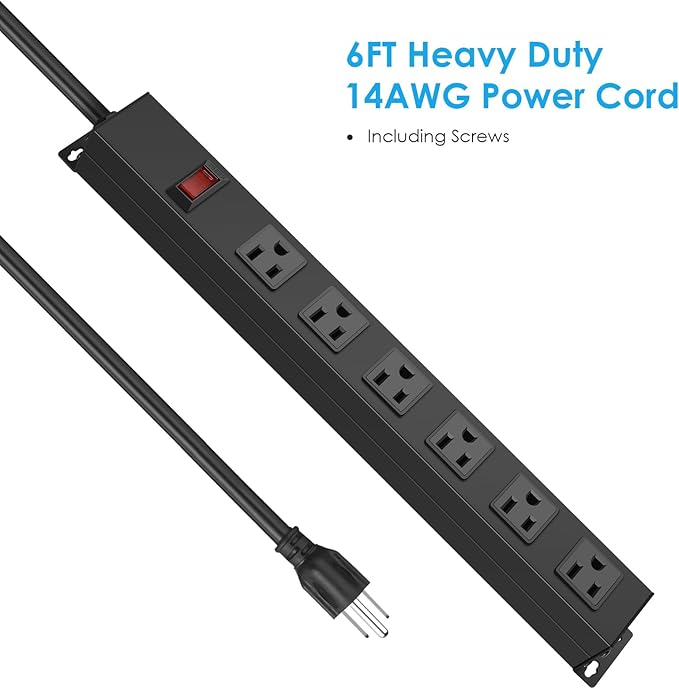 2Pack Metal Wall Mount Power Strip, Mountable Power Outlet with 6 AC Outlets, Aluminum Alloy Mount Power Socket with Switch, 15 FT SJT 3/C 14AWG Power Cord, 15A 125V 1875W (6AC)