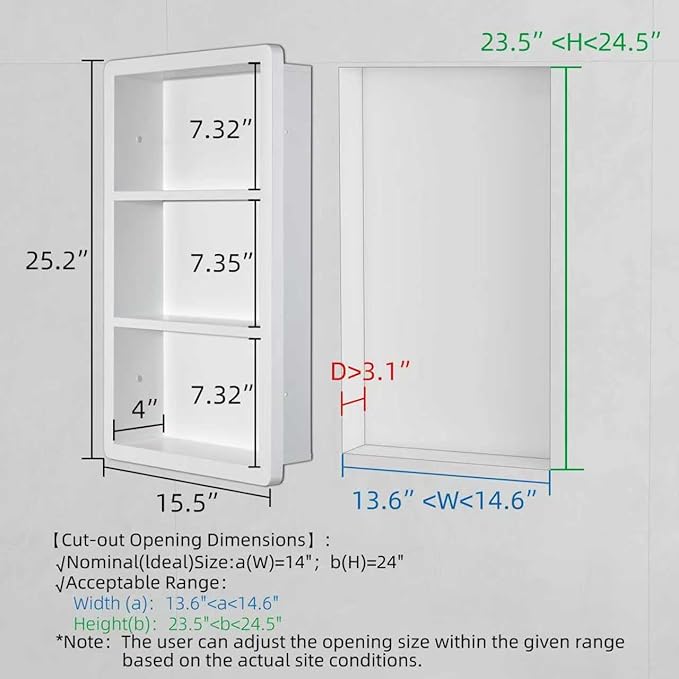Recessed Medicine Cabinet No Mirror - 14x24 Bathroom Storage Wall Cabinet with 2 Shelves, 304 Stainless Steel Shower Niche, Matte White Waterproof for Bathroom, Toilet, Vanity