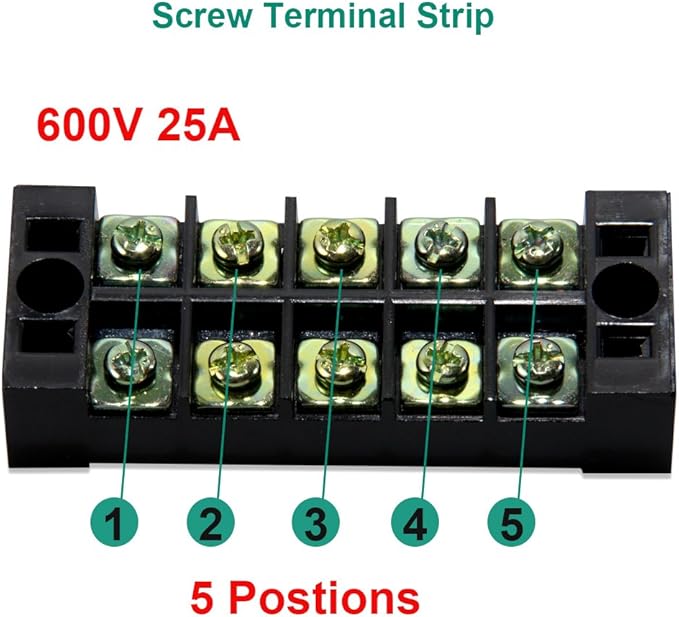 MILAPEAK Terminal Block and Strip - 10pcs (5 Sets) 5 Positions Dual Row 600V 25A Screw Terminal Blocks with Cover + 400V 25A 5 Positions Pre-Insulated Terminals Barrier Strips (Black & Red)