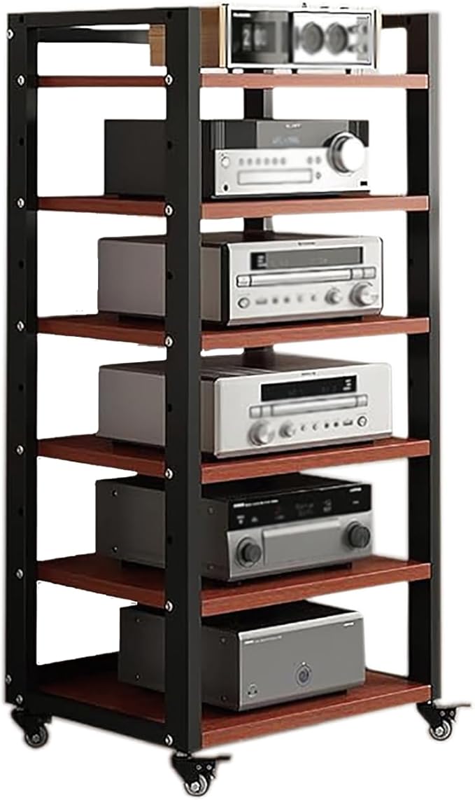 Dernoing 6 Tier Audio Rack Tower, CD Record Player Stereo Receiver AV Equipment Cabinet Display Rack, Weight Capacity 661 lbs, with Adjustable Wooden Shelves for Home (6 Tier Teakwood)
