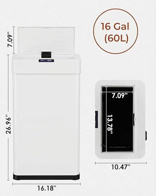 TLSUNNY 16 Gallon Motion Sensor Trash Can,Touchless Automatic Garbage Can,Brushed Stainless Steel Smart Bin,with Bag Holder,Soft Close Lid,for Kitchen,Office,RV,Bedroom,Living Room (White, 60L)