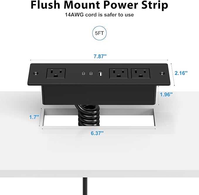 Furniture Drawer Outlet, Recessed Power Strip with (3) PD 20W USB Ports Fast Charging & (3) 15 Amp AC Outlets, (14 AWG) 10 FT Spring Black Cord