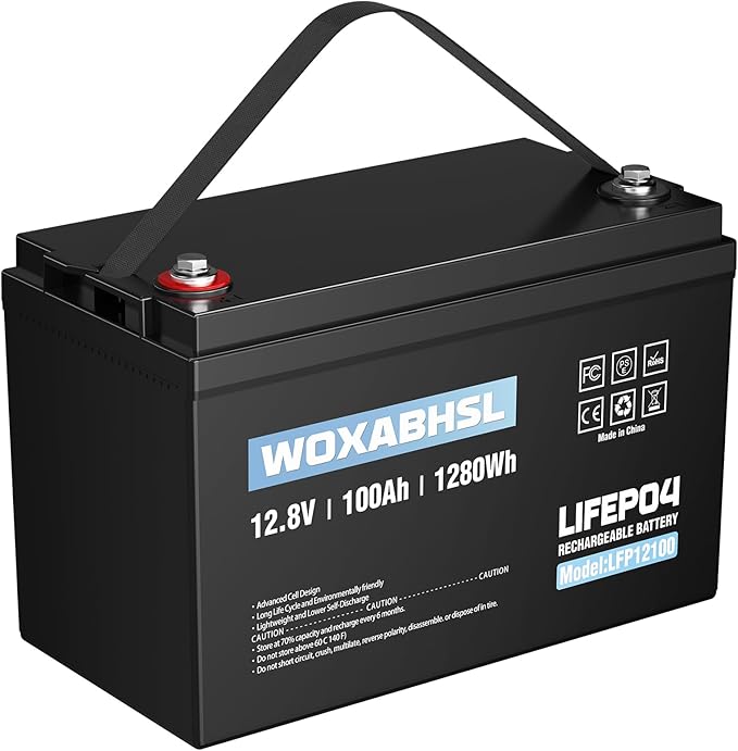 WOXABHSL 12V 100Ah LiFePO4 Lithium Battery,10 Year Lifespan,Built-in 100A BMS, Low-Temp Protection, Up to 15000+ Deep Cycles, for RV, Marine, Solar System, Van, Trailer, Home Energy Storage