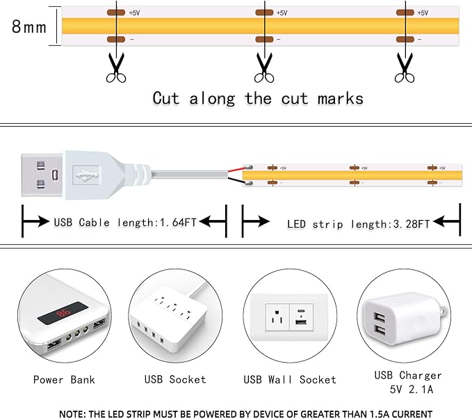 UVTaoYuan Led Strip Lights, 5V USB LED Lighting COB Short LED Strip Light White Flexible Not Dimmable led Light for Display Cabinet, Living Room,DIY Home COB Lighting Decor tv Lights (3.28FT 6500K)