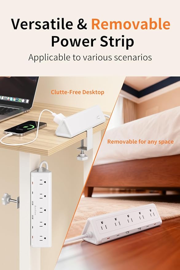 6.5 FT Desk Clamp Power Strip with 5 AC Outlets & 6 USB Ports PD 40W USB-C Fast Charging, 1250J Surge Protector, Fits 2.1 in top Edge White