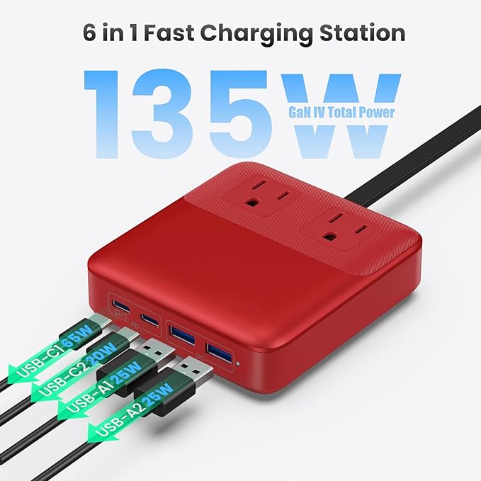 135W Charging Station USB C Power Strip,6-in-1 GaN USB C Charger Block with Plug &5ft Cord,2 AC,2 USB-A,2 USB-C,PD 65W Laptop Charger for MacBook,iPhone 16/15/14,Desktop Fast Charging for Home,Office