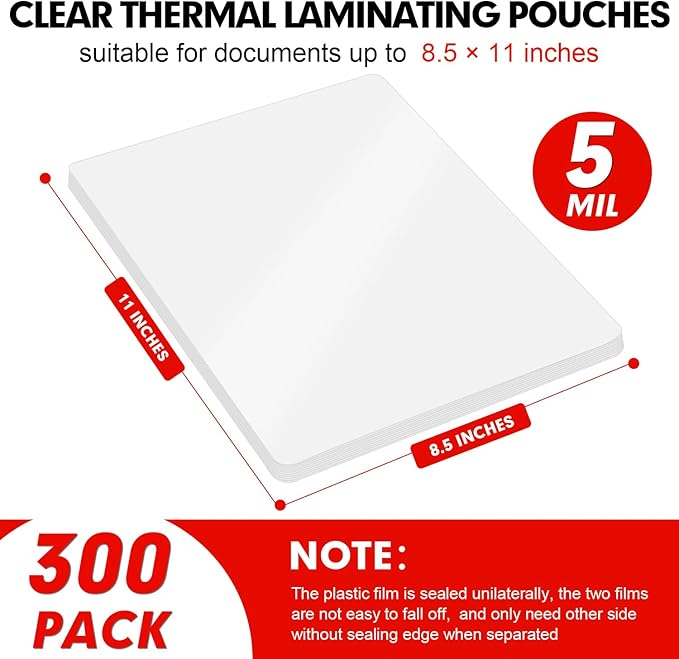 RAZCC Laminating Sheets, 300 Pack Clear Thermal Laminating Plastic Paper Laminator Sheets, 9 x 11.5-Inch, 5mil, Ideal Office or School Supplies