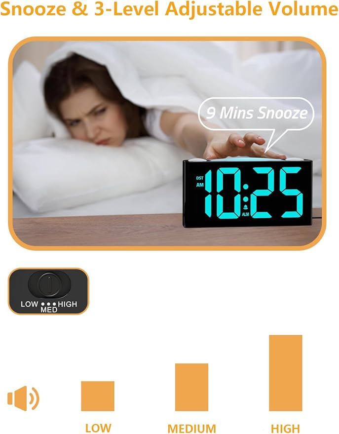 Mesqool Wake Up on Time: Vibrating Alarm Clock with Bed Shaker, Loud Sound & Color Display – USB Charging, 8-Color Light, Battery Backup – Great for Heavy Sleepers, Seniors & Hearing Impaired