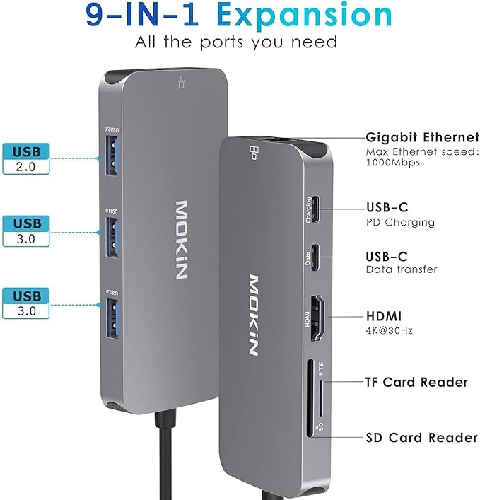 USB C Adapters for MacBook Pro/Air,Mac Dongle with 3 USB Port,USB C to HDMI, USB C to RJ45 Ethernet,MOKiN 9 in 1 USB C to HDMI Adapter,100W Pd Charging, USB C to SD/TF Card Reader USB C Hub